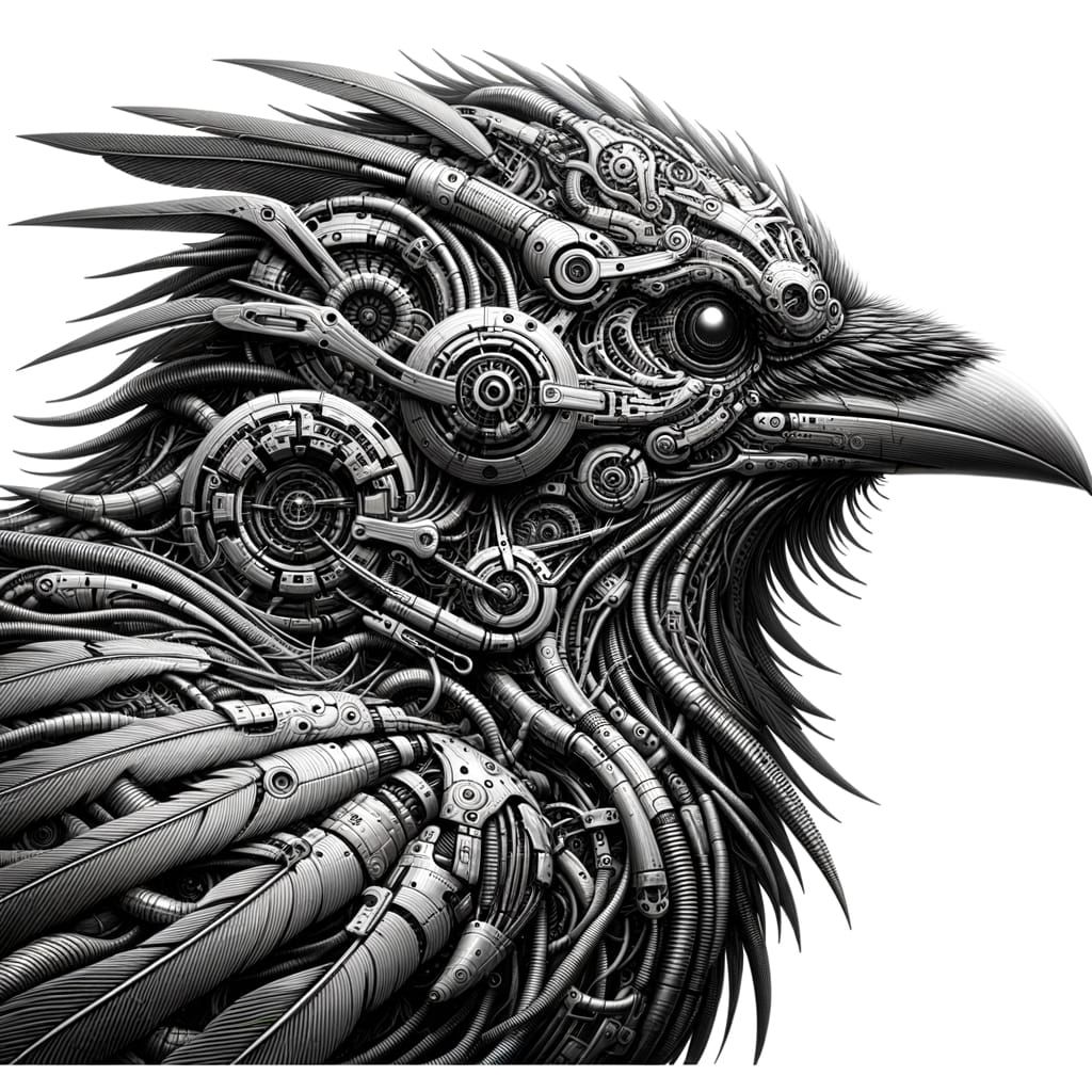 Biomechanical Raven in Surreal Industrial Style