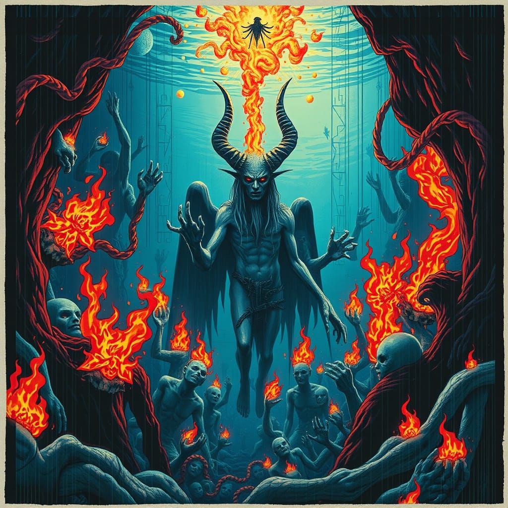 Underwater Satanic Figure in Surrealist Cubist Style