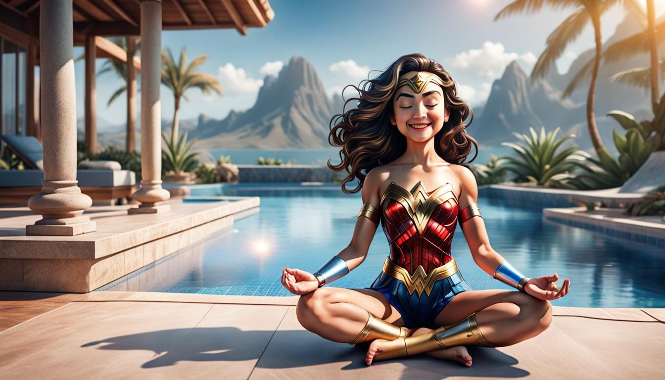 Wonder Woman Meditating by the Pool in HDR