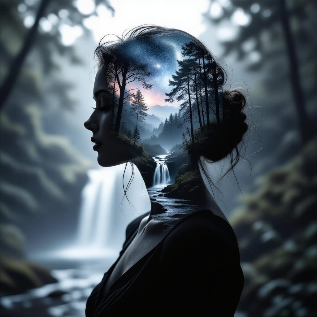 Woman's Profile Silhouette Merged with Forest and Galaxy