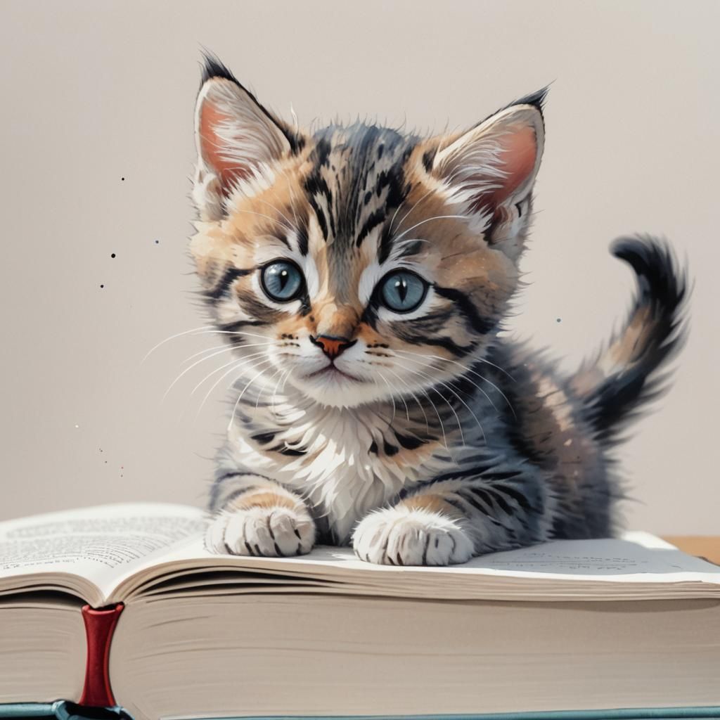 Cute Kitten on Book in Cartoon Style