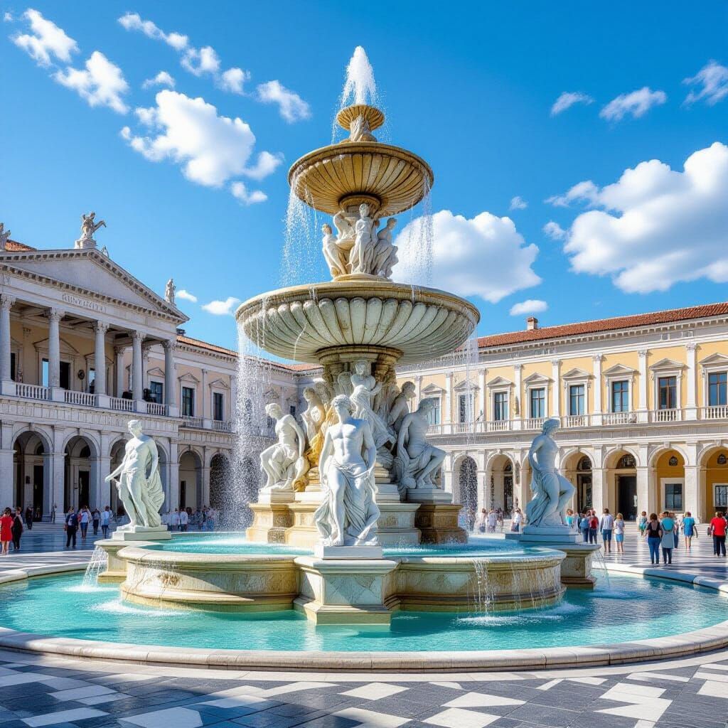 Colossal Giant of Rhodes Fountain in Sun-Drenched Plaza