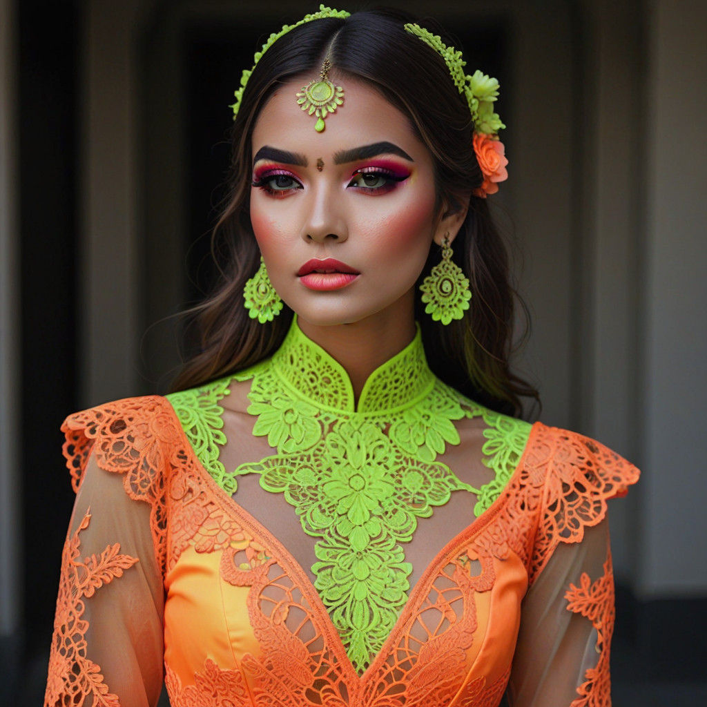 Girl in Cyberpunk Neon Dress with Heavy Makeup