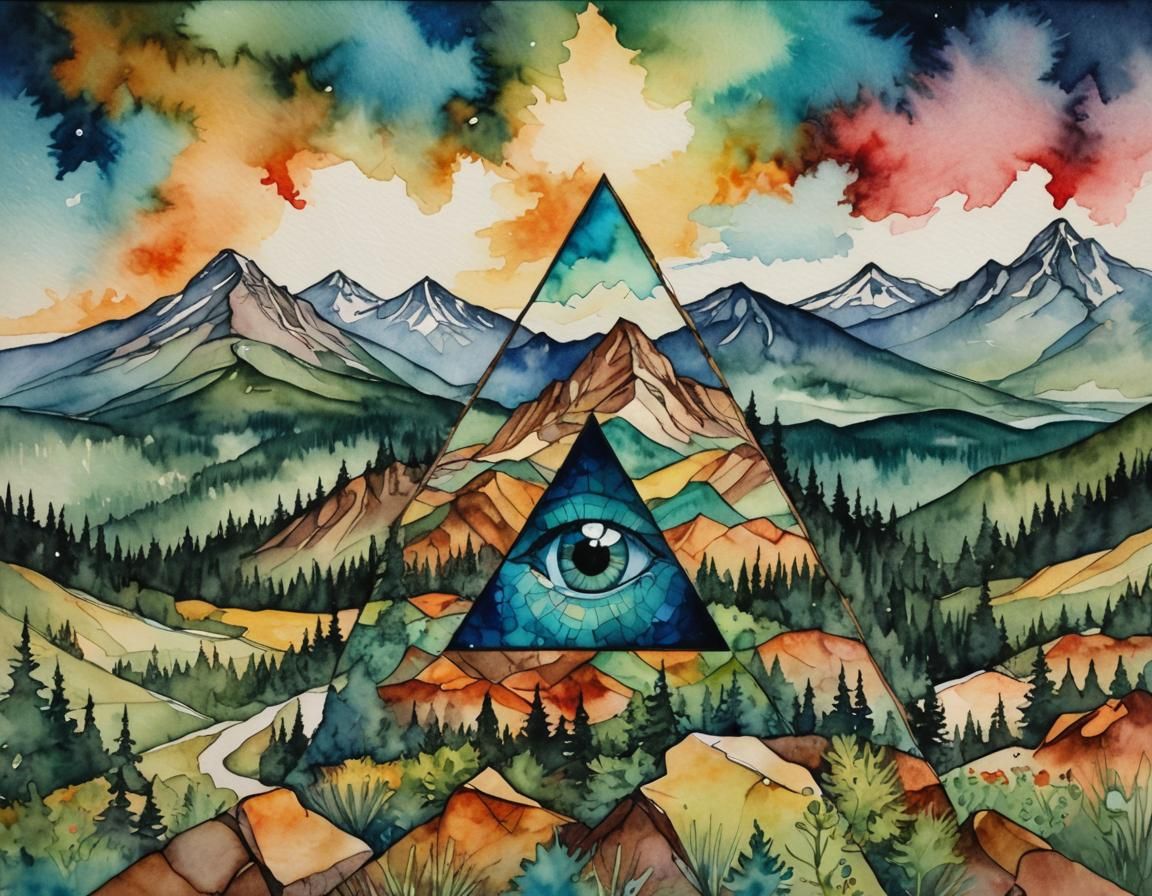 Mountain Landscape with Hidden Eye, Watercolor and Alcohol I...