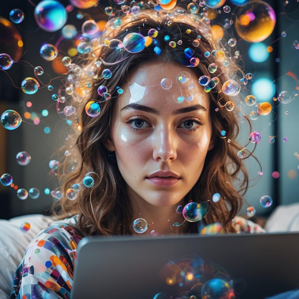 Woman Contemplates AI Art Collection with Glitch Art