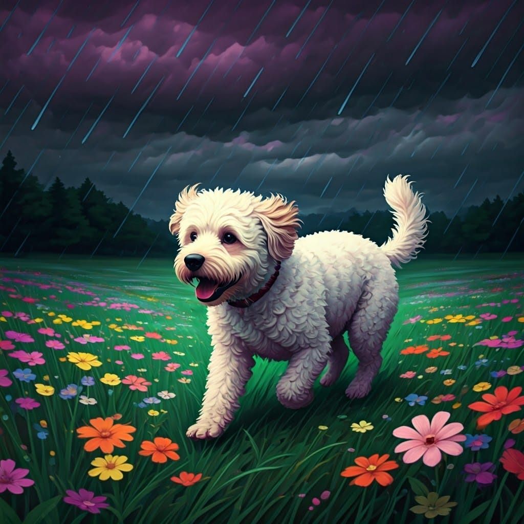 Fluffy Dog Runs in Rainy Flower Meadow, Neo-Impressionism