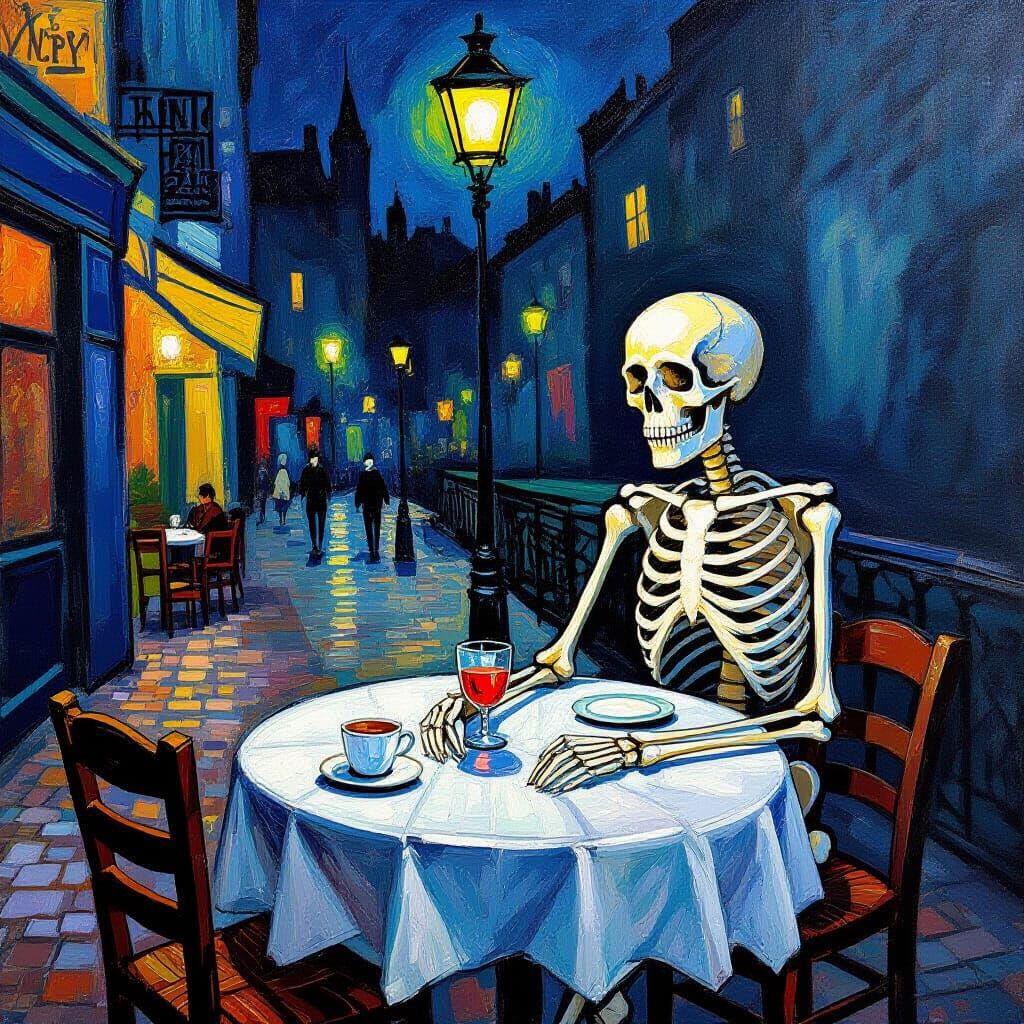 Skeleton Waits at Van Gogh's Night Cafe