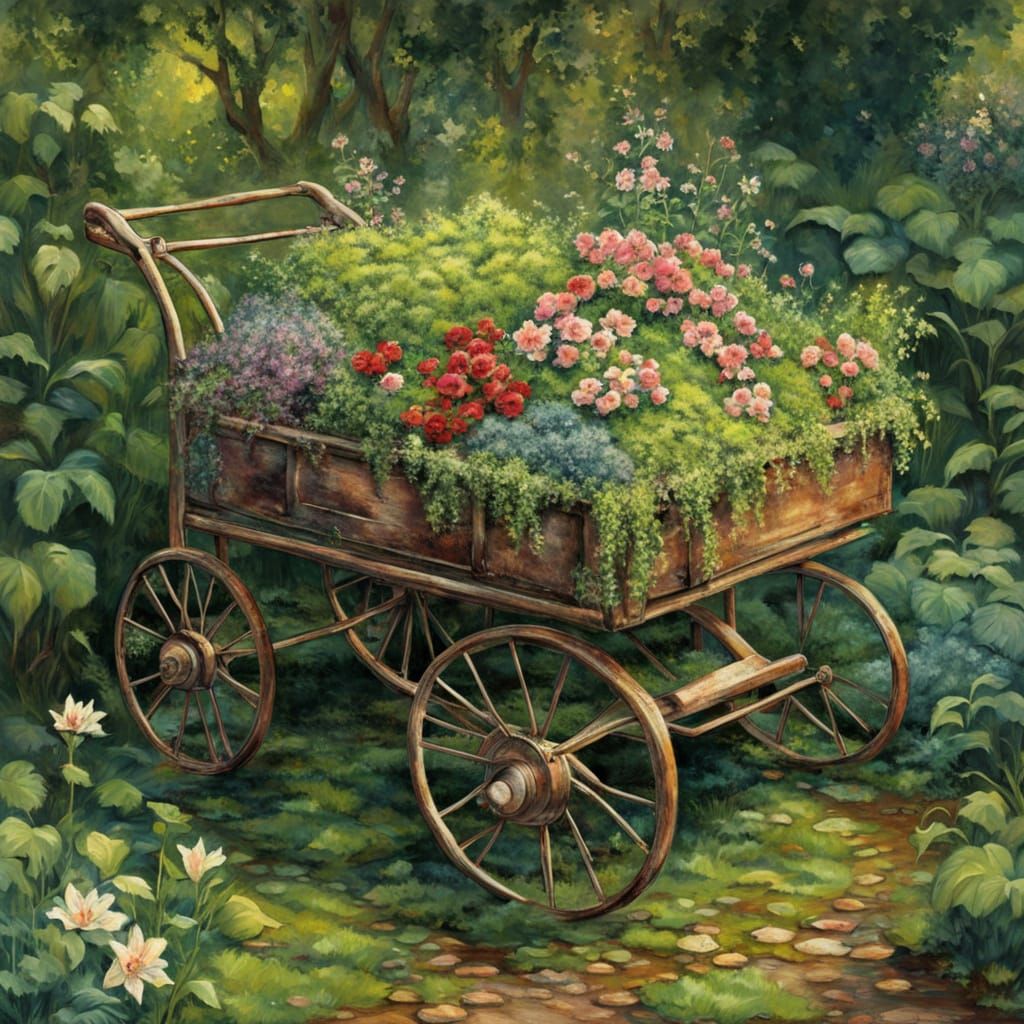 Abandoned Cart Transformed into Impressionistic Floral Displ...