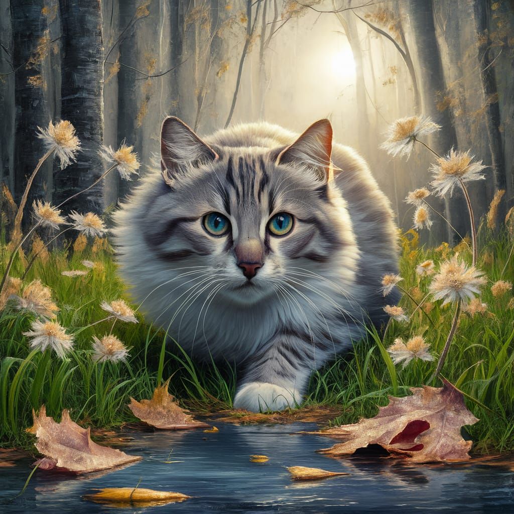 Blue-Eyed Cat Hunting: Impasto Palette Knife Painting