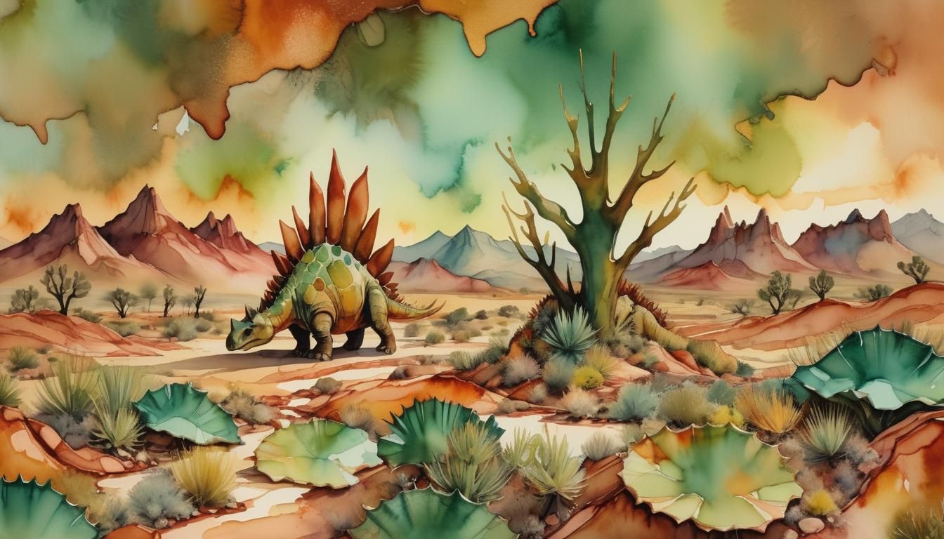 Stegosaurus in Jurassic Landscape as Alcohol Ink Art