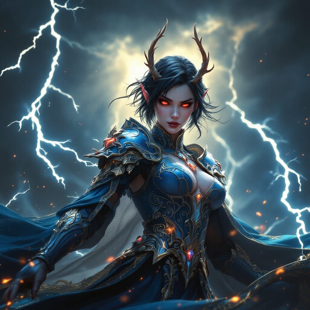 Regal Female Elf Warrior in Rococo-Blue Armor