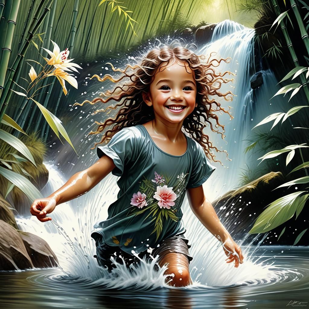 Happy Toddler Splashing in Waterfall: Anime Style
