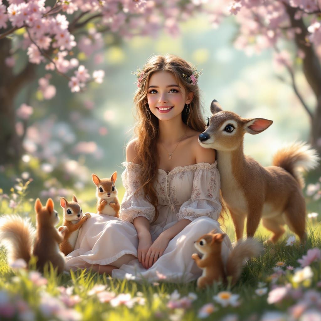 Girl and Forest Creatures in Dreamy Landscape