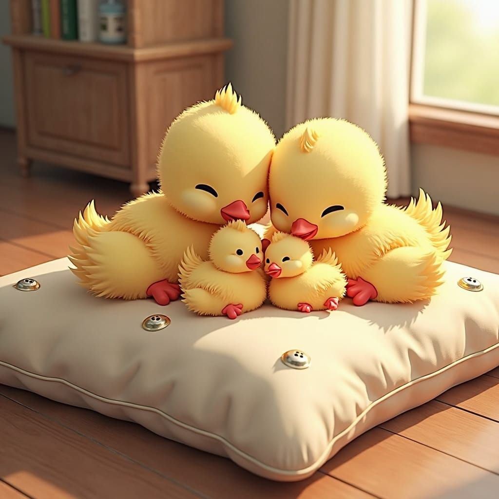 Cute Ducklings and Chickens on Plush Cushion in 3D Anime Sty...