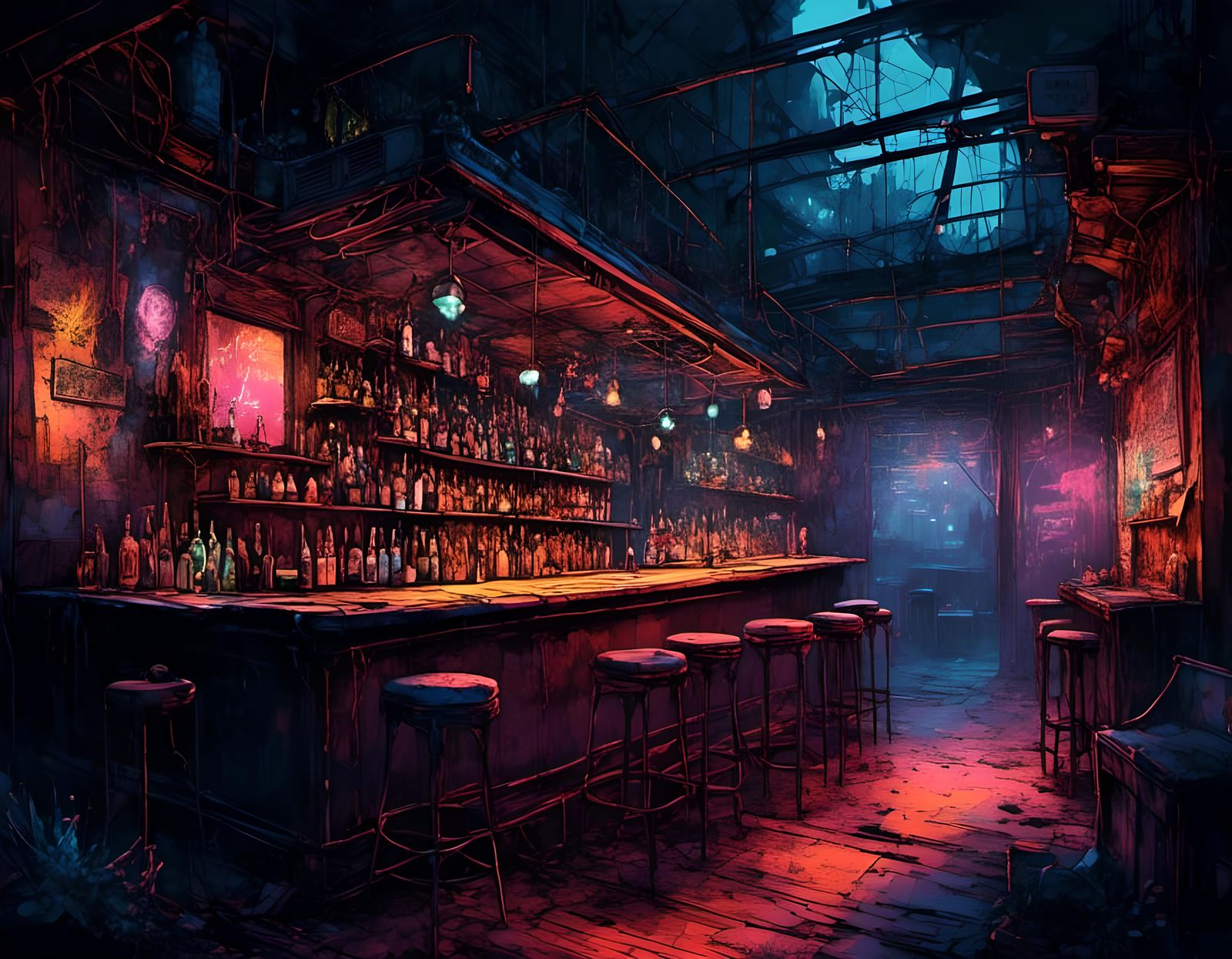 Cyberpunk Bar with Neon Lights and Electric Cords