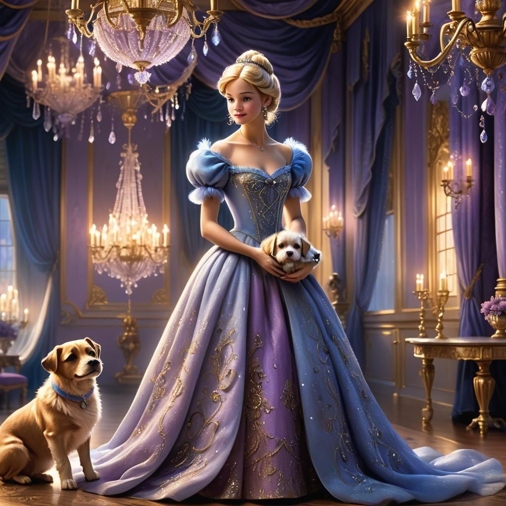Cinderella in Lavender Gown with Puppy, Fantasy Art