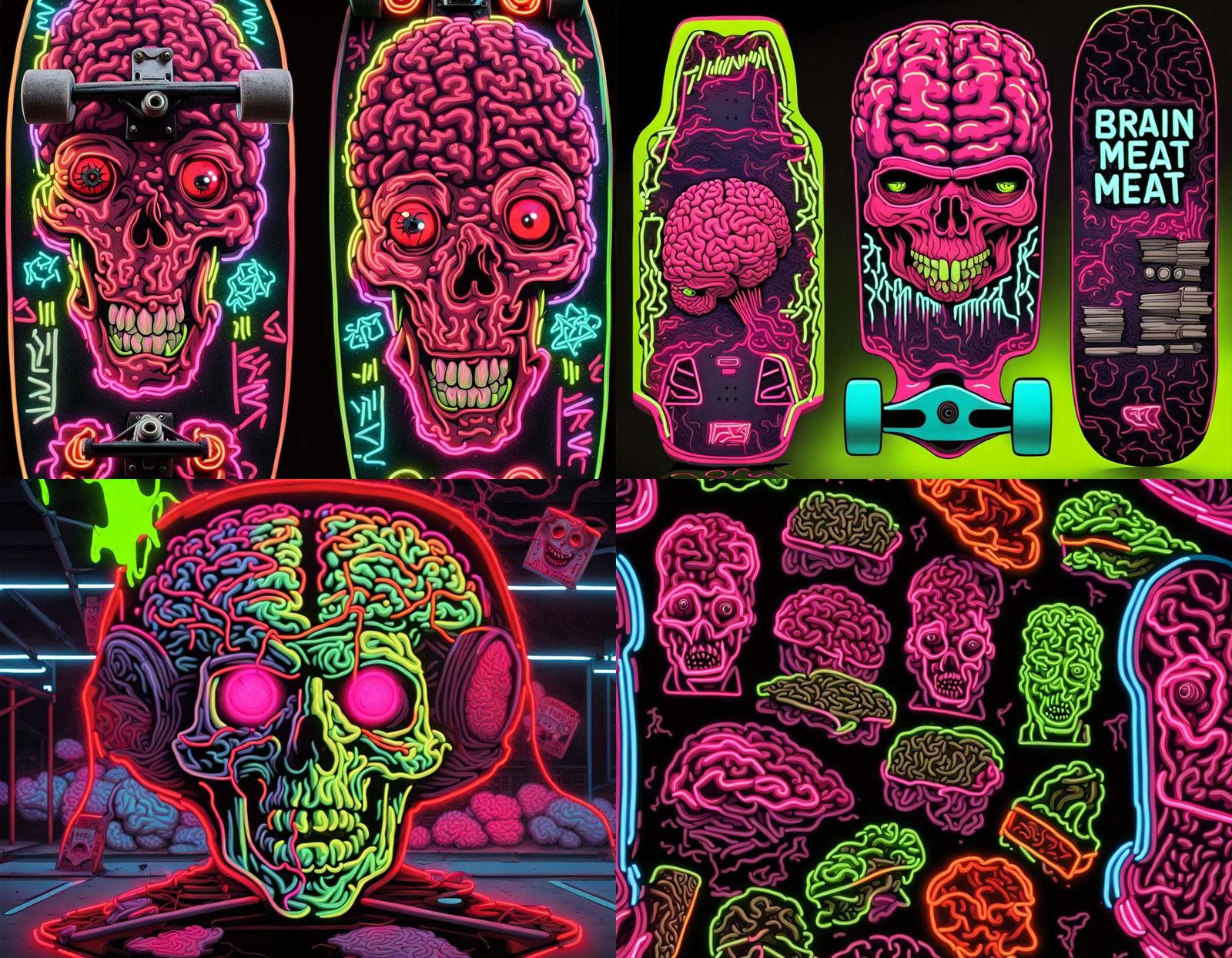 Neon Horror Brain Meat Skateboard Art