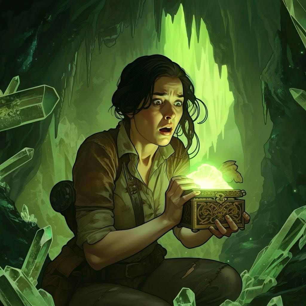 Explorer's Horror: Crystal Cave Discovery in Art Nouveau Sty...