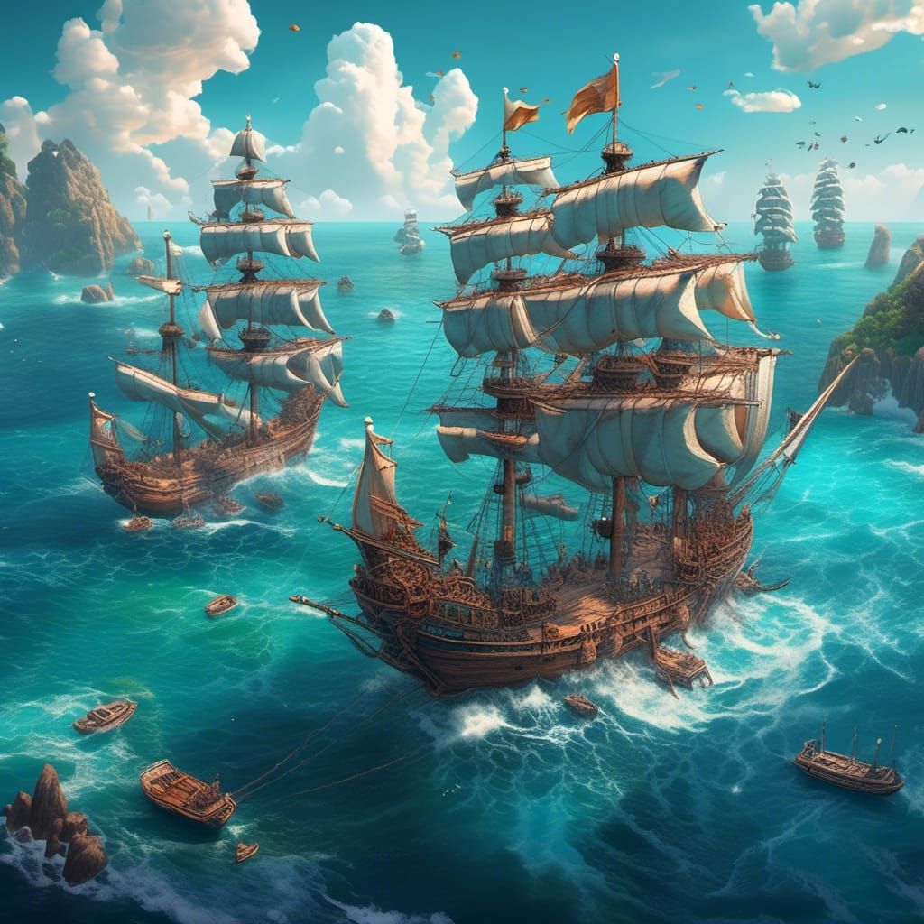 Sailing Ships on Open Ocean: Hyperreal Bird's-Eye View
