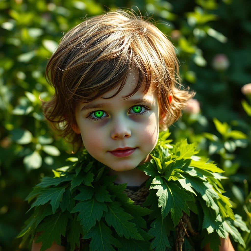 Whimsical Boy Made of Leaves in Emerald Paradise