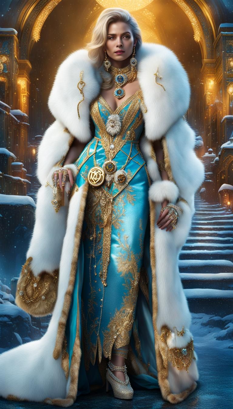 Woman in Fur Coat with Gold Jewelry: Digital Art