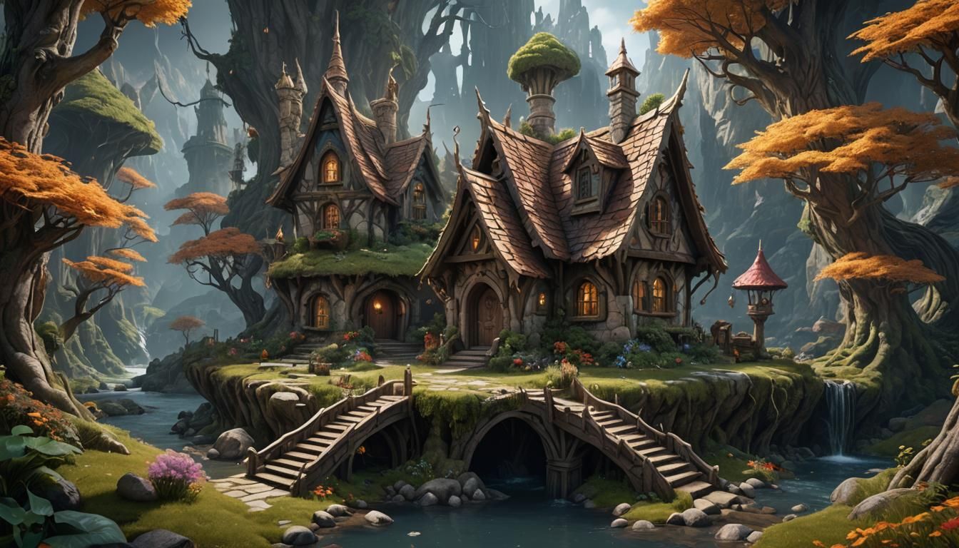 Enchanting Elf House in Forest, Detailed Matte Painting