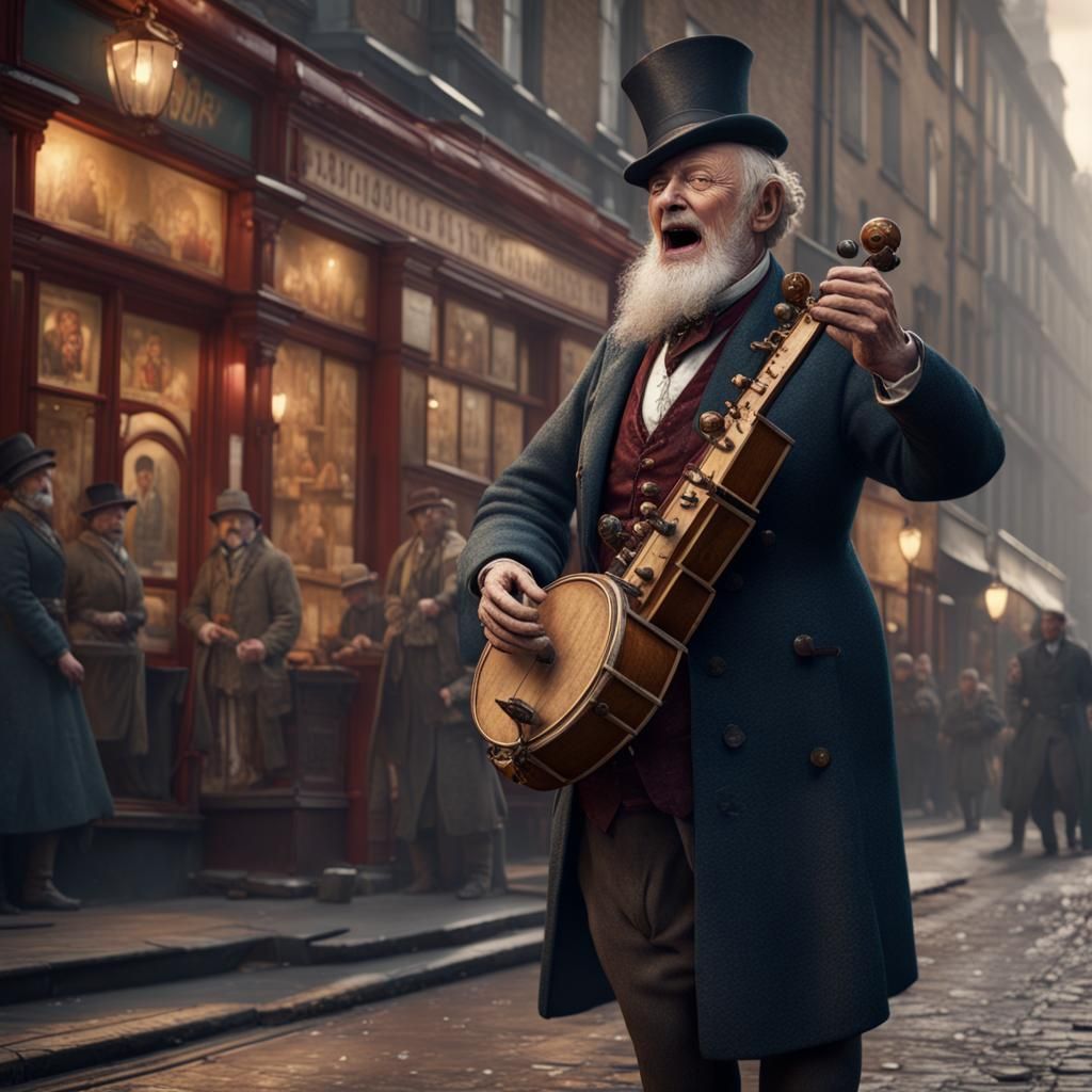 Hurdy Gurdy Man in London, 1890s Matte Painting