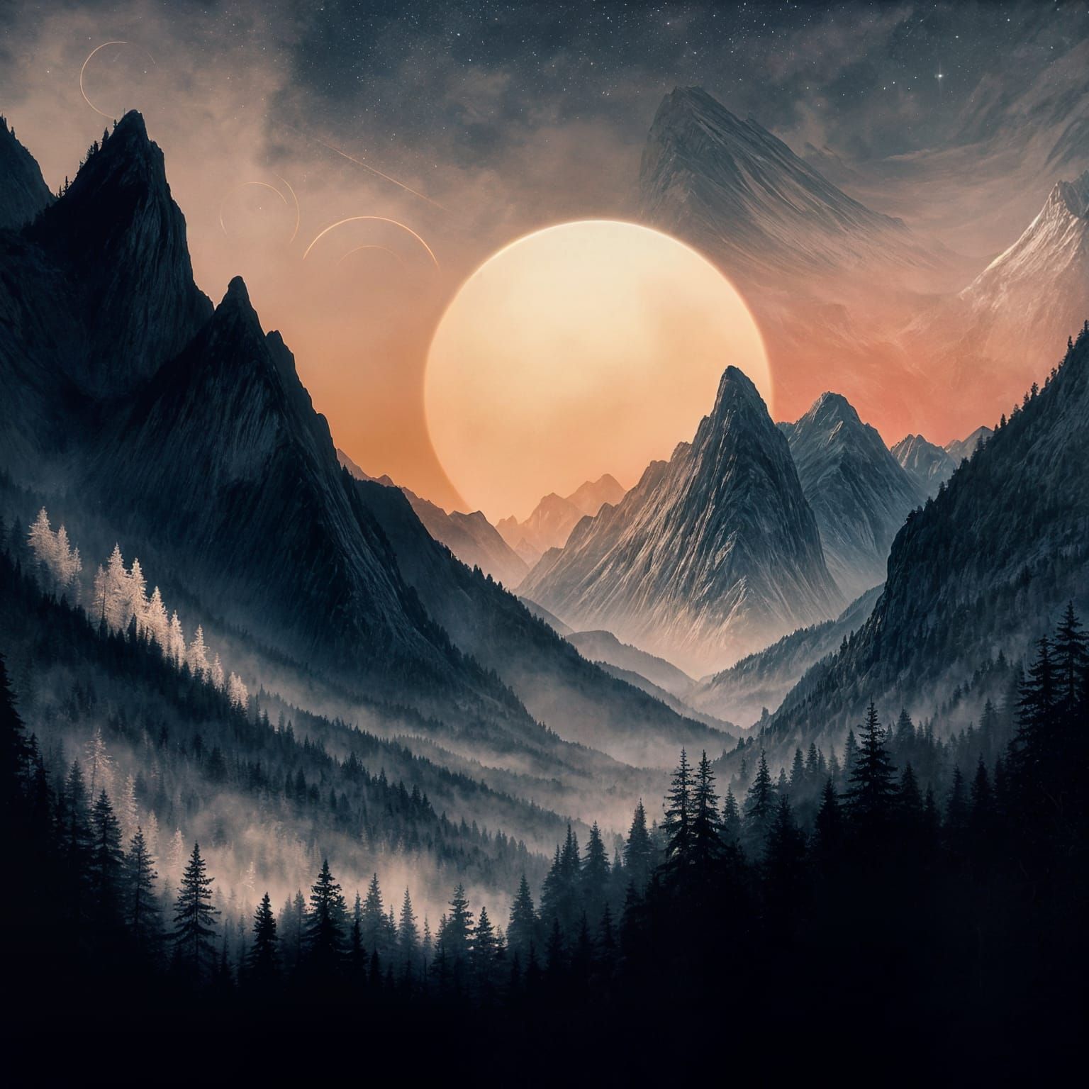 Serene Mountain Landscape at Dusk in Magical Realist Style