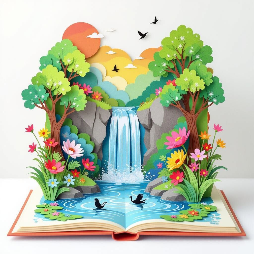 Whimsical Waterfall Scene in Pop-Up Book Style