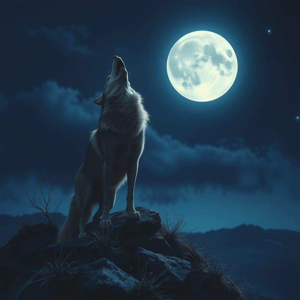 Wolf Howling at the Moon on Hilltop