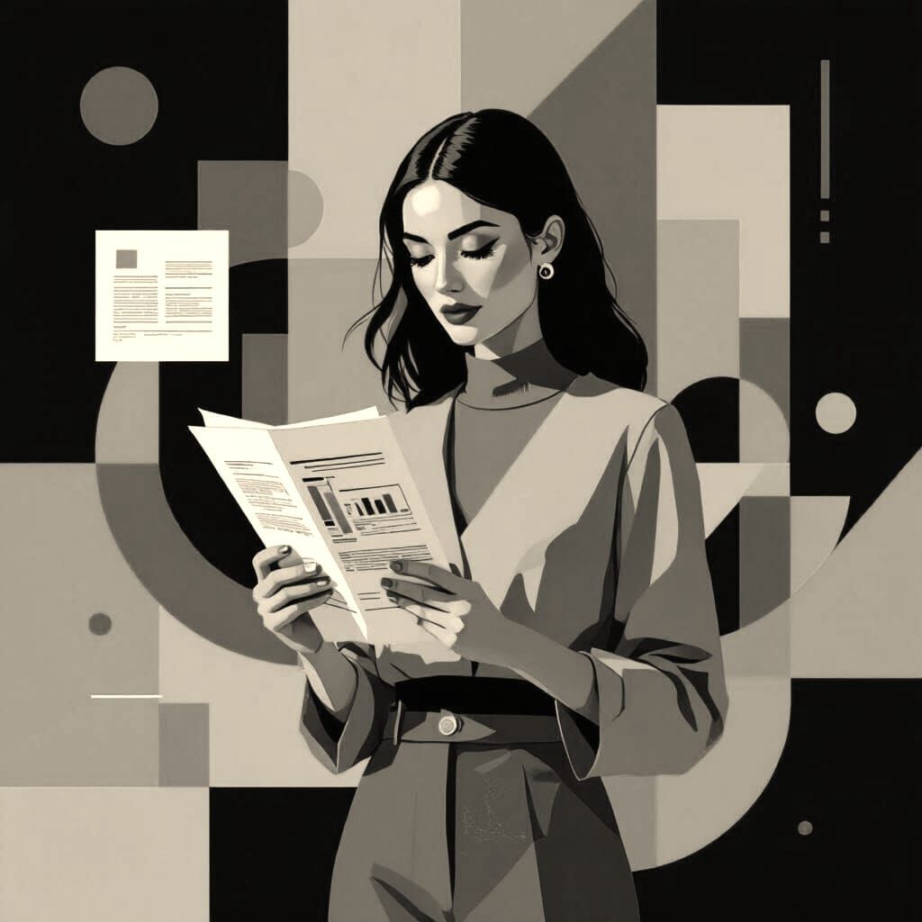 Pop Art Woman Reads Data Sheet in Bauhaus Style