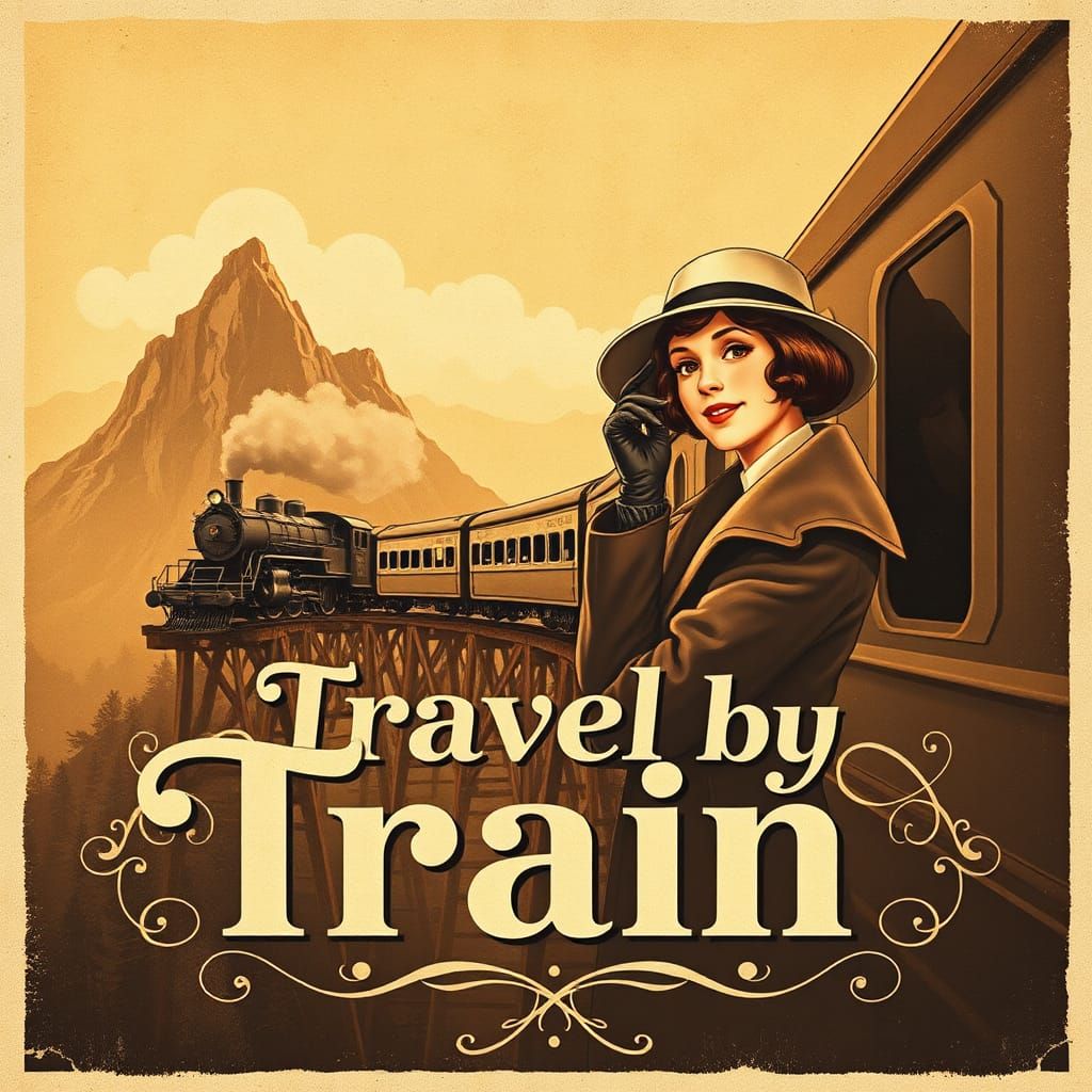 Vintage Travel Poster of Steam Train in Art Deco Style