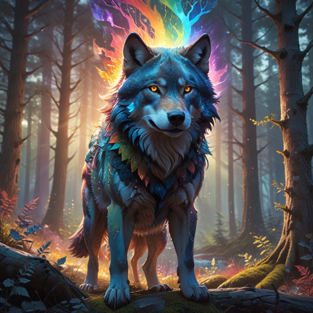 Wolf with Rainbow Aura in Canadian Wilderness Double Exposur...