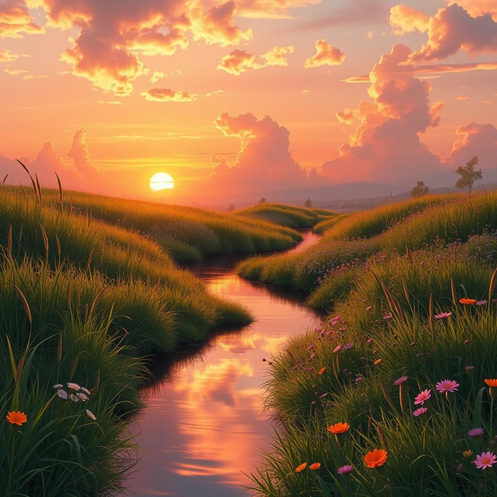 Sunset River Through Meadow: Matte Painting Style