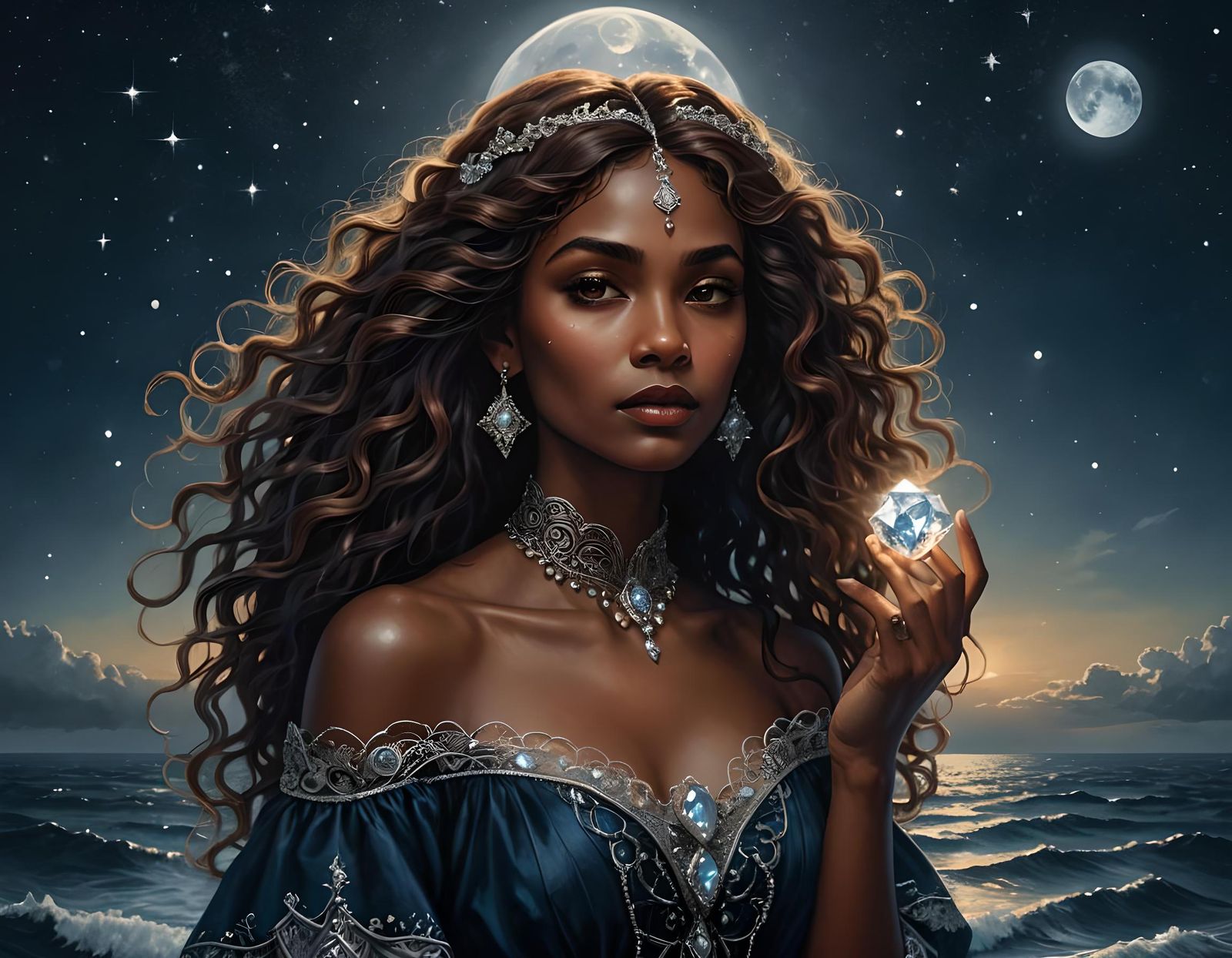 Moon and Diamonds Illustration in Dark Blue and Silver