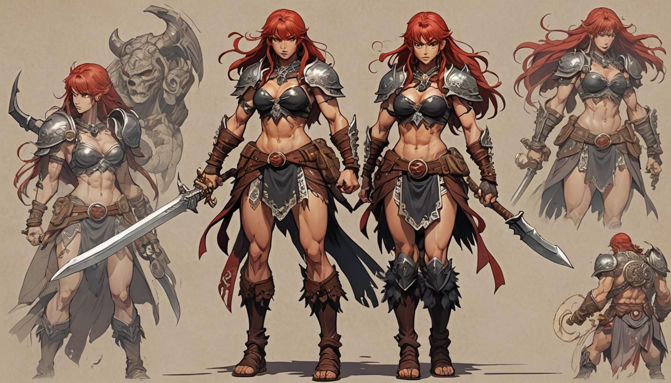 Heroic Female Barbarian in Anime Style with Red Hair