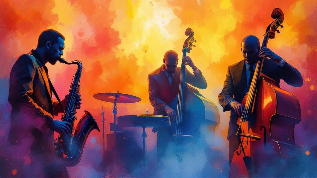 Vibrant Jazz Ensemble in Energetic, Liquid-Like Scene