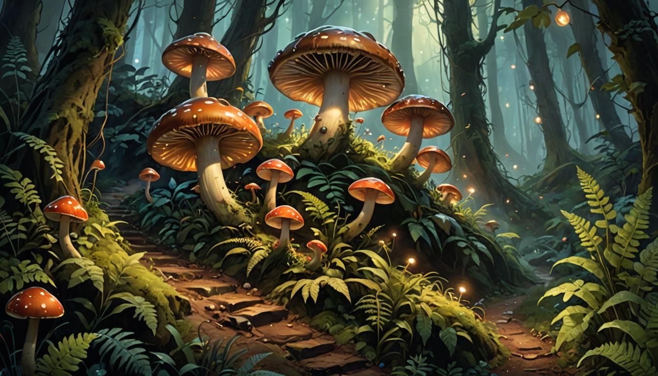 Enchanted Forest Clearing with Giant Mushrooms