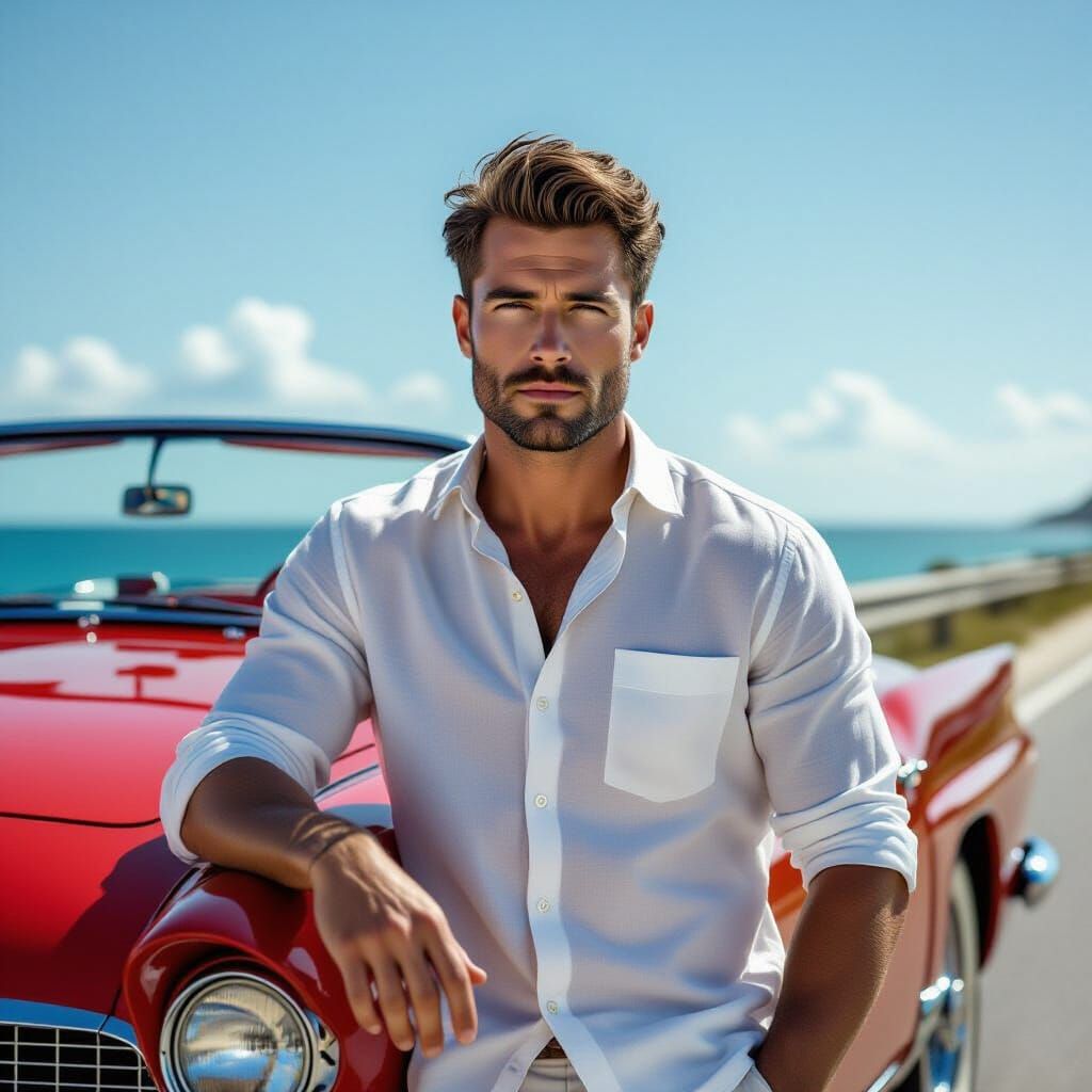 Man in Linen Shirt Leans on Vintage Red Sports Car