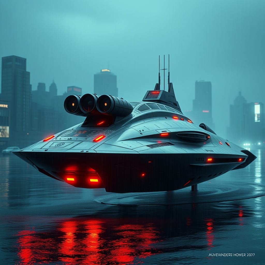 Sleek Cyberpunk Flying Ship in Neon-Lit Cityscape