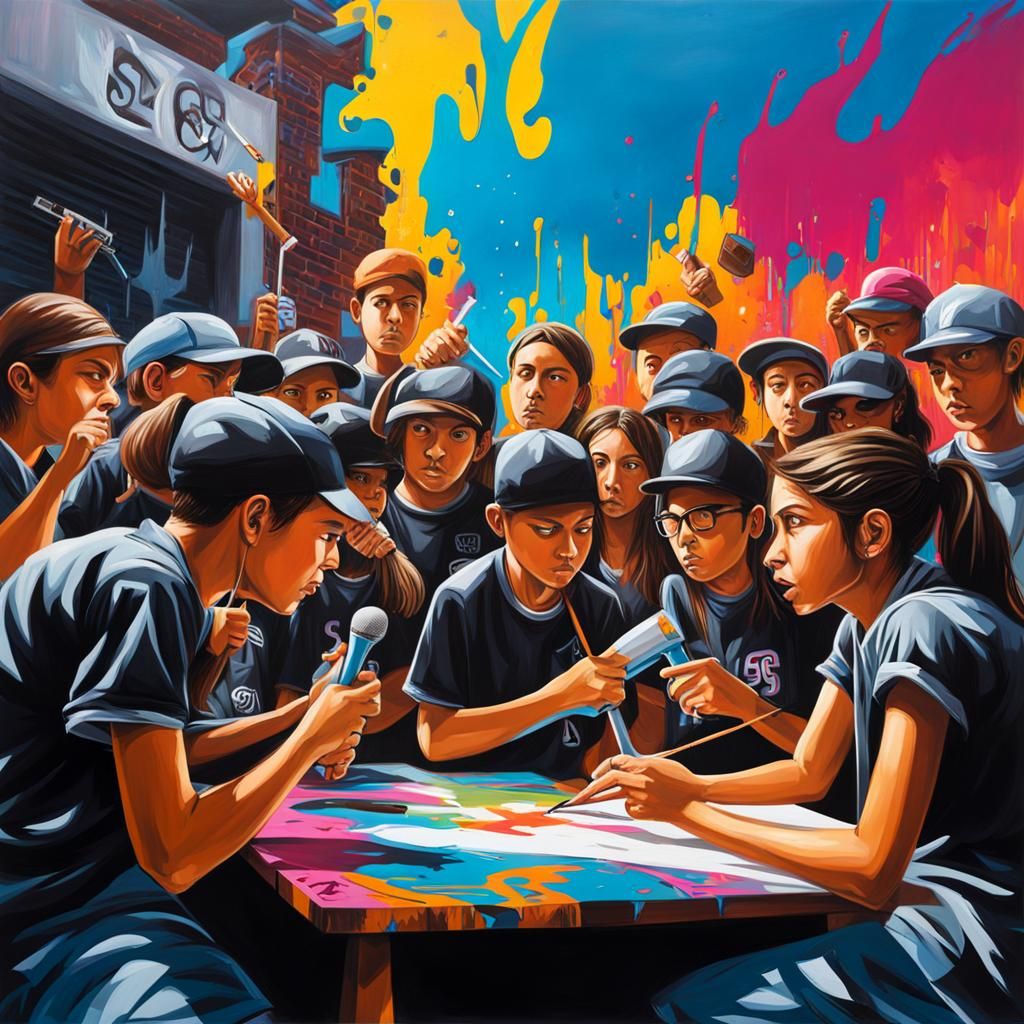 Students Debate in Graffiti Street Art Style