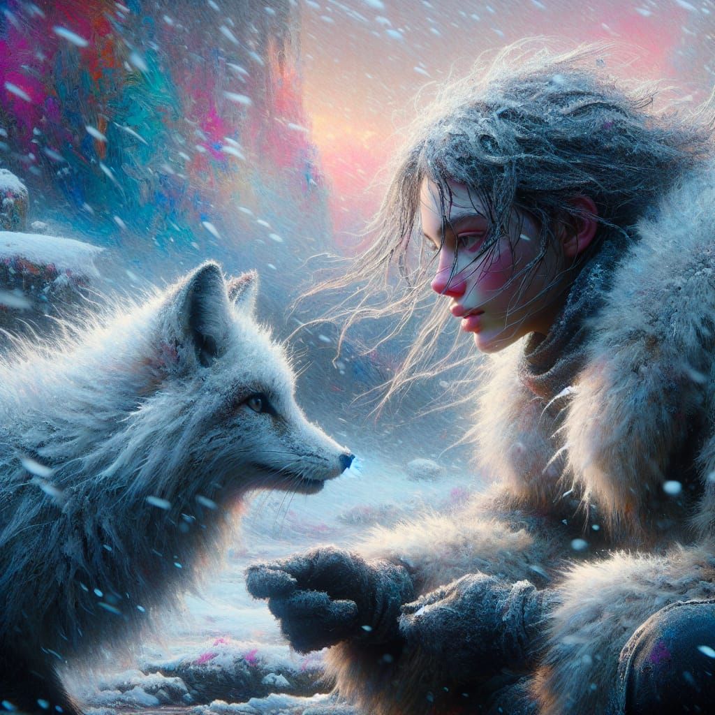 Snowstorm Scene: Woman and Arctic Fox in Monochromatic Art