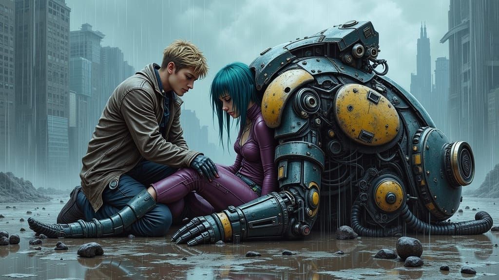 Man Repairs Cyborg in Ruined City, Acrylic Painting
