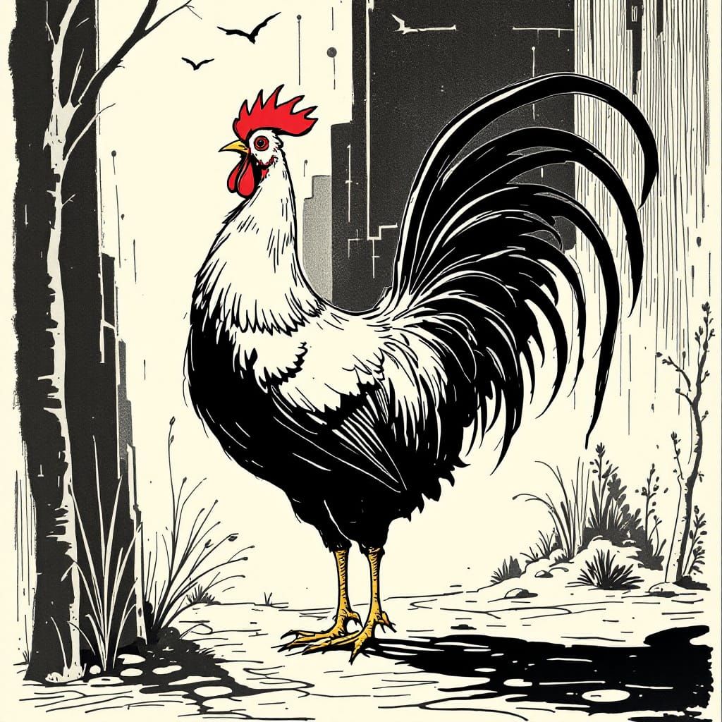 Rooster Crowing at Sunrise in Modigliani Steinberg Style