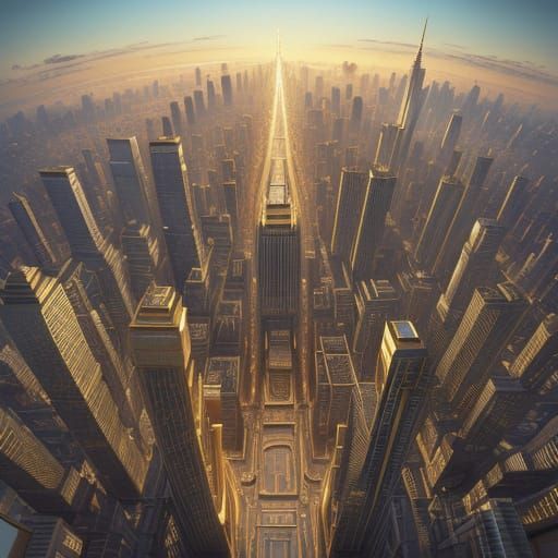 Golden City of Wealth: Money Buildings in Golden Hour