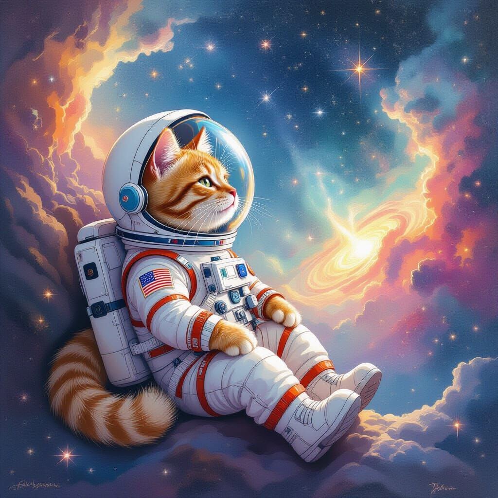 Ginger Cat Astronaut Gazing at Nebula in Watercolor Style