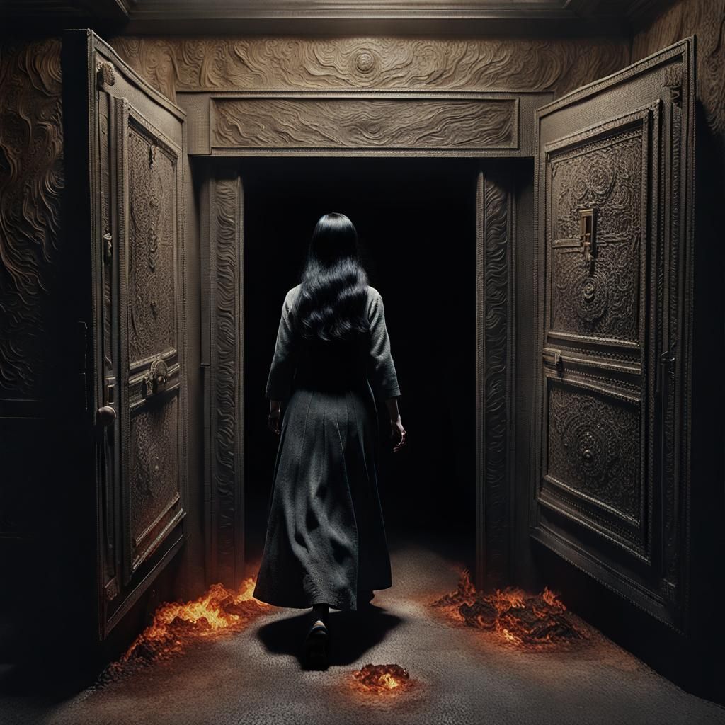 Woman Enters Inferno Room: Photorealistic Portrait