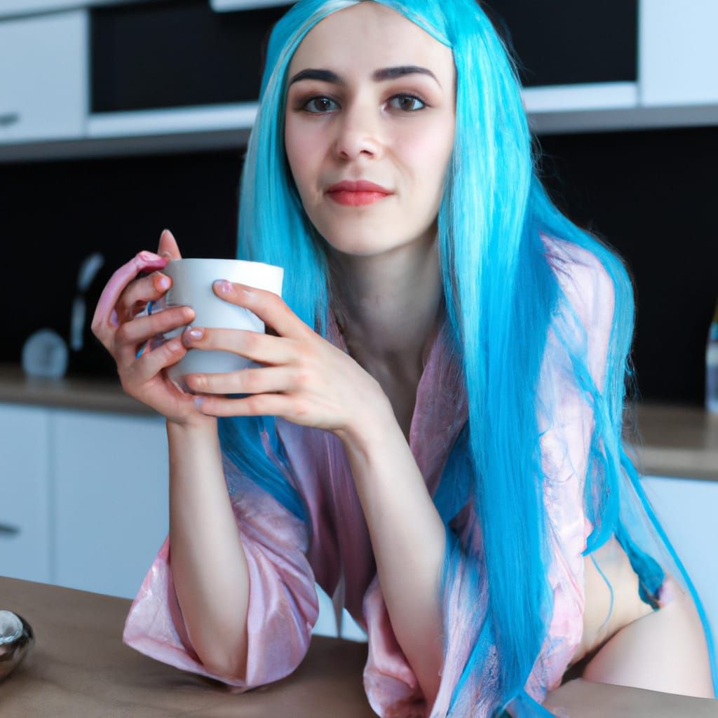Blue-Haired Girl at Kitchen Table with Coffee