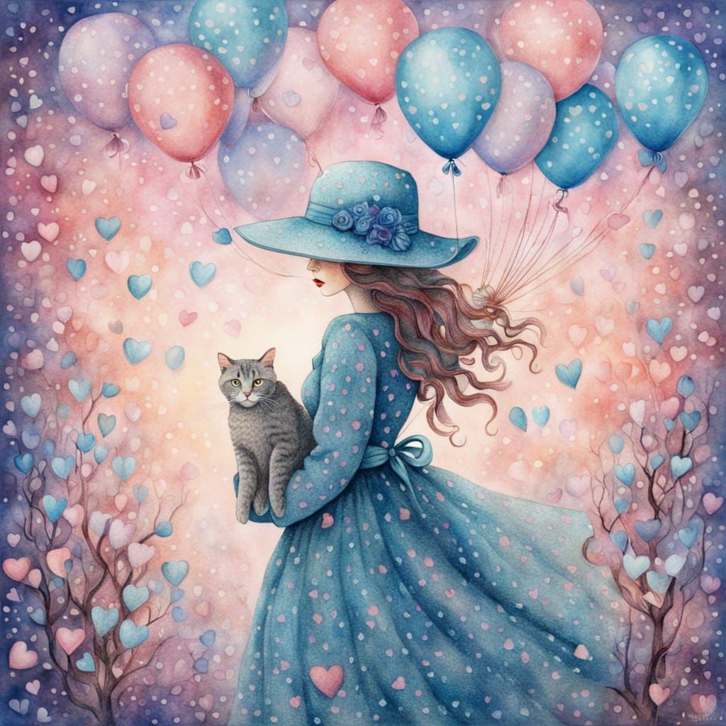 Romantic Pointillist Woman with Cat and Hearts