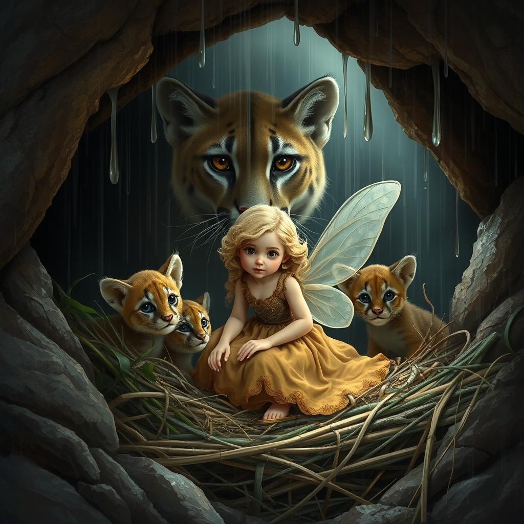 Cozy Puma Family Welcomes a Soggy Fairy in a Fantastical Cav...